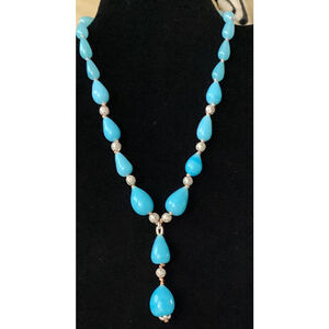 Blue Opaline Teardrop Graduated Glass Bead Lavalier Necklace W/silver Balls Vntg